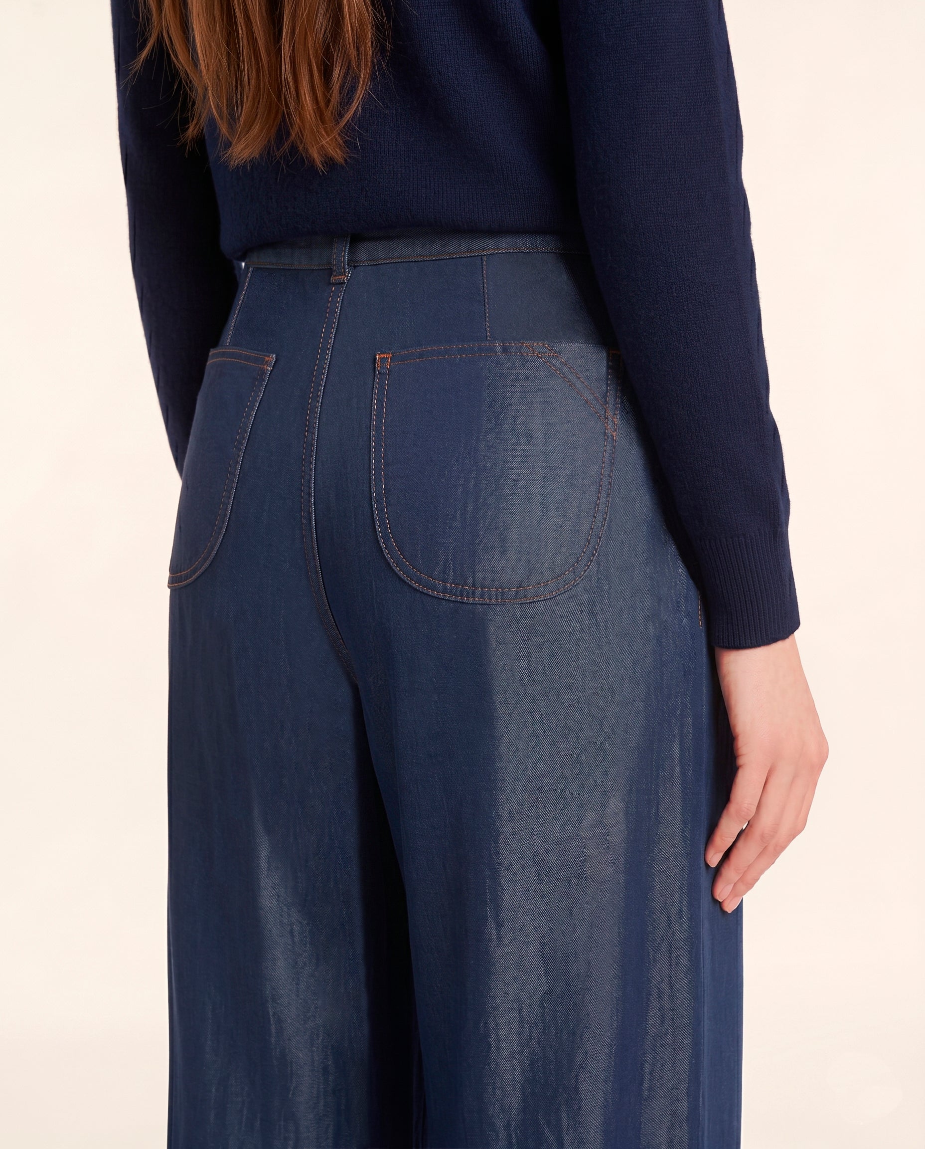 LaMuRaY Amayne palazzo jean in dark blue denim, back detail view