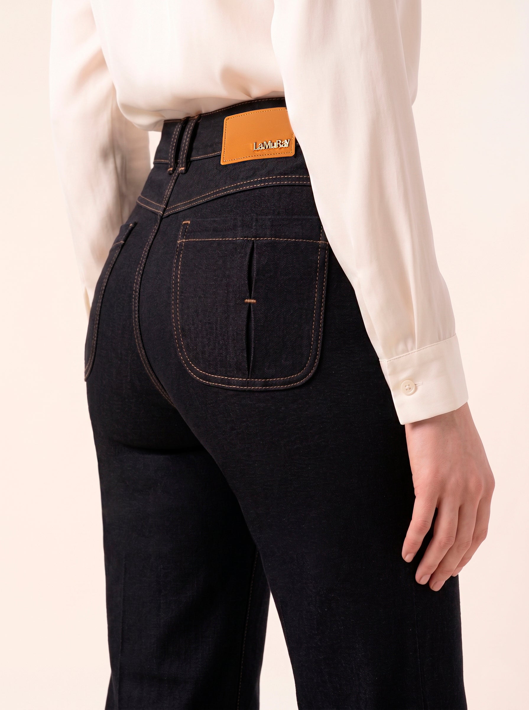 LaMuRaY Ellurel straight-leg jean in deep indigo denim, back detail view