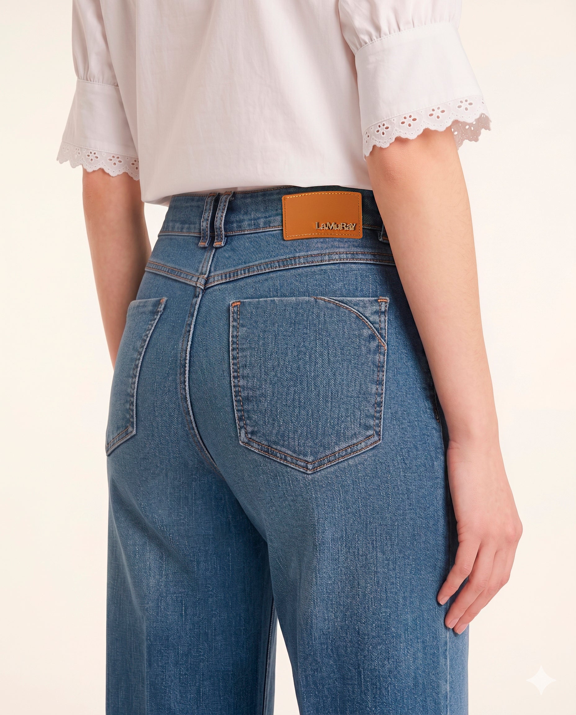 LaMuRaY Teyra straight-leg jean in medium blue denim, back detail view