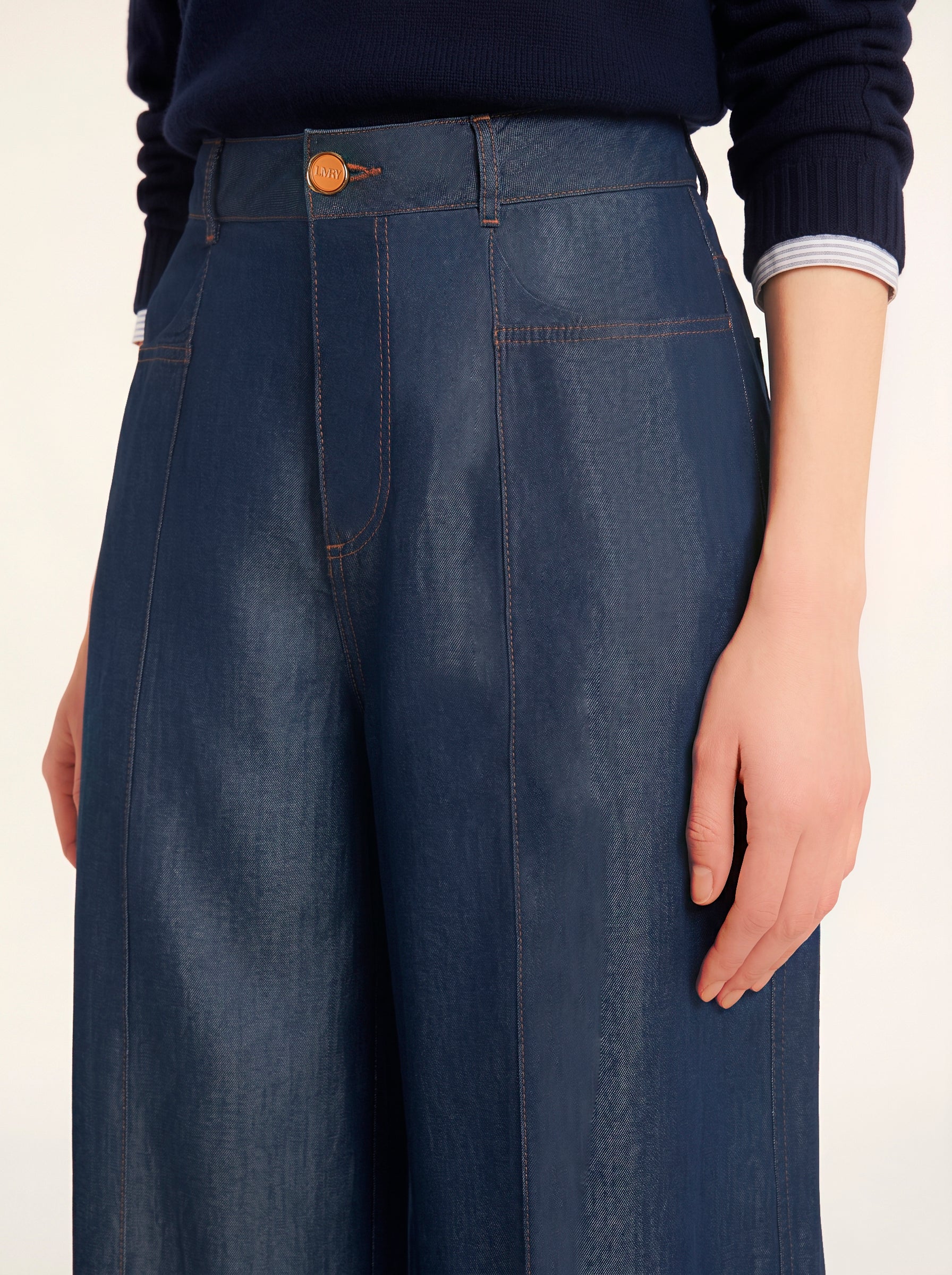 LaMuRaY Amayne palazzo jean in dark blue denim, front detail view