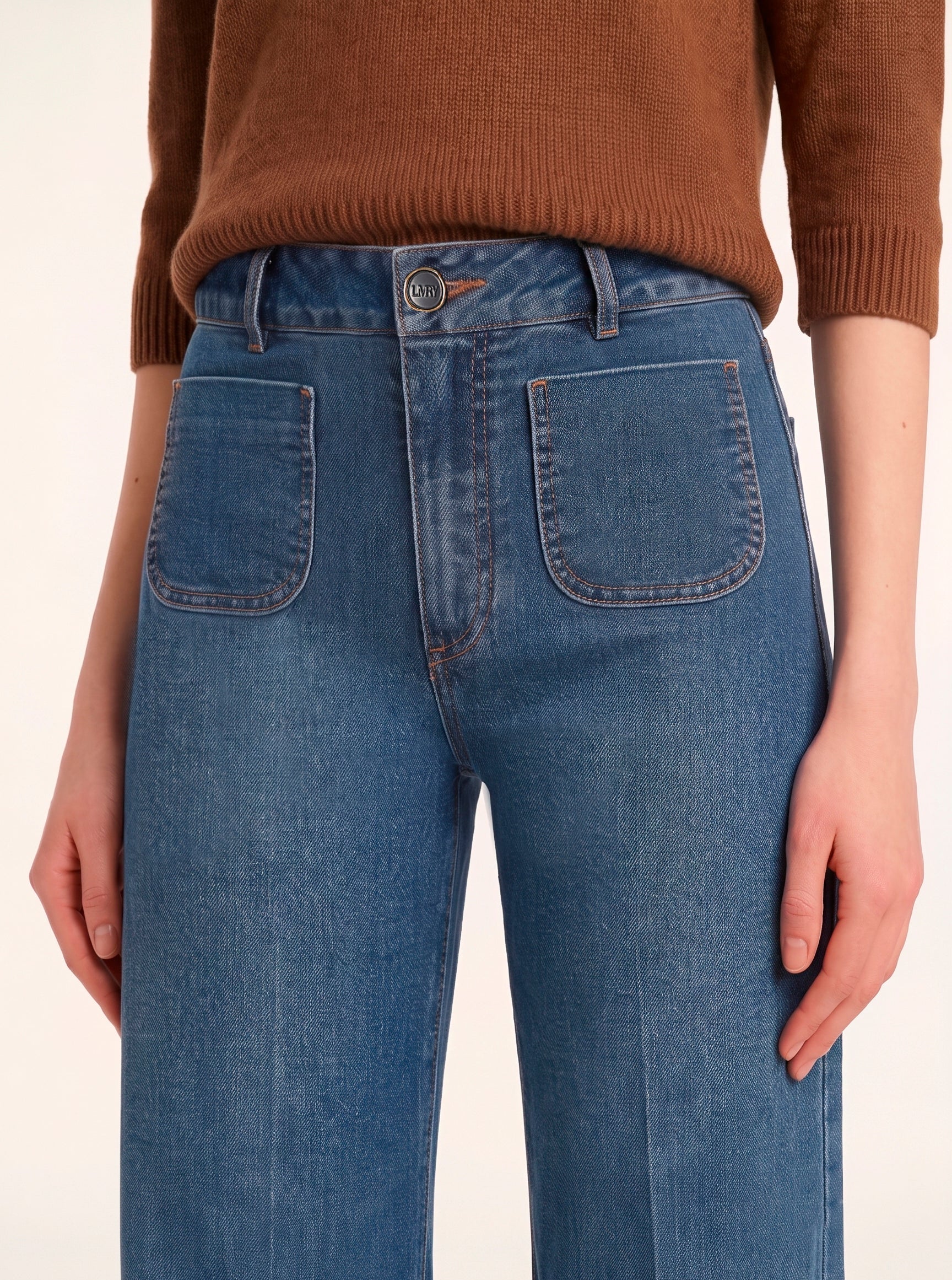 LaMuRaY Serene wide-leg jean in medium blue denim, front detail view