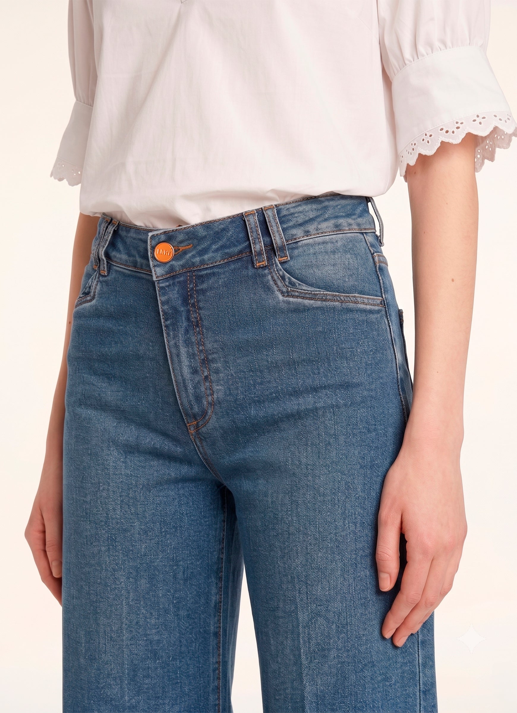 LaMuRaY Teyra straight-leg jean in medium blue denim, front detail view